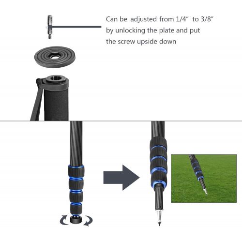 니워 Neewer Extendable Camera Carbon Fiber Monopod with Removable Foldable Tripod Support Base: 5-Section Leg, Max. 66 inches for Canon Nikon Sony DSLR Cameras, Payload up to 11 pounds/