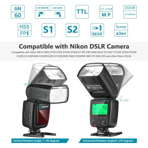 니워 Neewer NW655-N 2.4G HSS 1/8000s TTL GN60 Wireless Master Slave Flash Speedlite Compatible with Nikon DSLR D810/D800/D750/D700/D610/D600/D7500/D7200/D7100/D7000/D5500/D5300/D90/D5/D