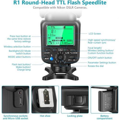 니워 Neewer R1 TTL Flash Speedlite Compatible with Nikon DSLR Cameras, 76Ws 2.4G TTL Round Head, 1/8000s HSS, 2.1s Recycle Time, 11.1V/2000mAh Lithium Battery, 500 Full Power Shots, 2W