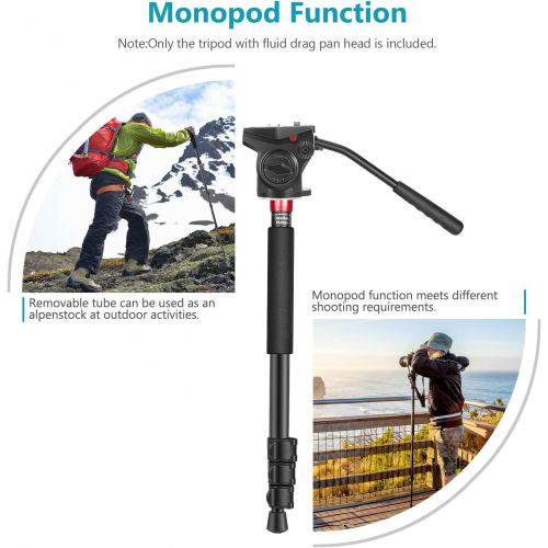 니워 Neewer 2-in-1 Aluminum Alloy Camera Tripod Monopod 71.2/181 cm with 1/4 and 3/8 inch Screws Fluid Drag Pan Head and Carry Bag for Nikon Canon DSLR Cameras Video Camcorders Load up