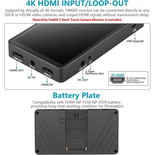 니워 Neewer FW600 5.5-Inch Touch Screen Camera Field Monitor Full HD 1920x1080, 4K HDMI DC in/Output RGB Waveform/Vector Scope/3D-LUT，Video Peaking Focus Assist with Tilt Arm for DSLR C