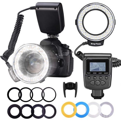 니워 Neewer 48 Macro LED Ring Flash Bundle with LCD Display Power Control, Adapter Rings and Flash Diffusers for Canon 650D,600D,550D,70D,60D,5D Nikon D5000,D3000,D5100,D3100,D7000,D710