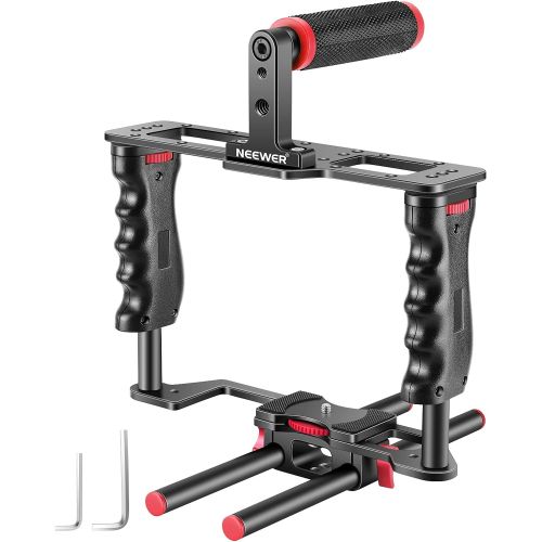 니워 Neewer Aluminum Alloy Camera Video Cage Film Movie Making Kit, with Top Handle, Dual Hand Grip, Two 15mm Rods, Compatible with Canon, Sony, Fujifilm, and Nikon DSLR Camera and Camc