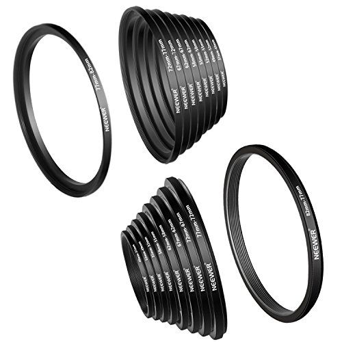 니워 Neewer 18 Pieces Metal Camera Lens Filter Ring Adapter Kit - 9 Pieces Step Up Ring Setand 9 Pieces Step Down Ring Set for Canon Nikon Sony Olympus DSLR Camera, Black