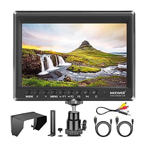 니워 Neewer F100 7inch Camera Field Monitor HD Video Assist IPS 1280x800 4K HDMI Input 1080p with Sunshade and Ball Head for DSLR Cameras, Handheld Stabilizer, Film Video Making Rig (Ba