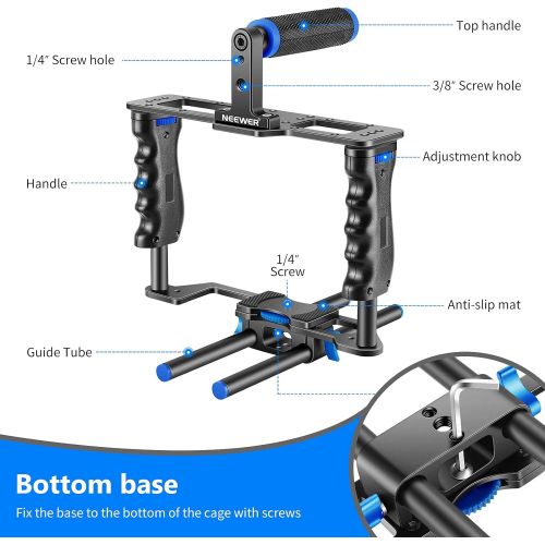 니워 Neewer Aluminum Alloy Camera Video Cage Film Movie Making Kit, with Top Handle, Dual Hand Grip, Two 15mm Rods, Compatible with Canon, Sony, Fujifilm, and Nikon DSLR Camera and Camc