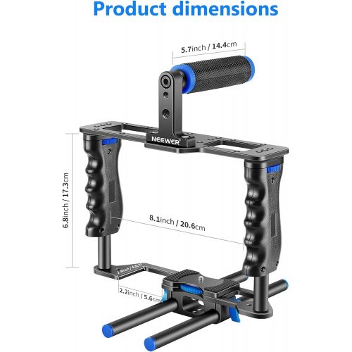 니워 Neewer Aluminum Alloy Camera Video Cage Film Movie Making Kit, with Top Handle, Dual Hand Grip, Two 15mm Rods, Compatible with Canon, Sony, Fujifilm, and Nikon DSLR Camera and Camc