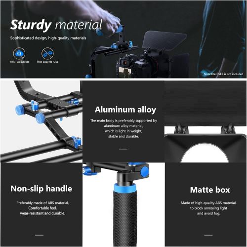 니워 Neewer Shoulder Rig Kit for DSLR Cameras and Camcorders, Movie Video Film Making System with Matte Box, Follow Focus, C-Shaped Bracket, 15mm Rods, Handgrip, 1/4” & 3/8” Threads (Bl