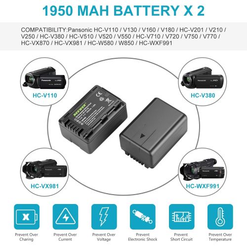 니워 Neewer VW-VBT190 Battery (2-Pack/1950mAh) and Dual USB Charger Kit Compatible with Panasonic HC-V110 V130 V160 V180 HC-V201 V210 V250 HC-V380 HC-V510 V520 V550 HC-V710 V720 V750 V7