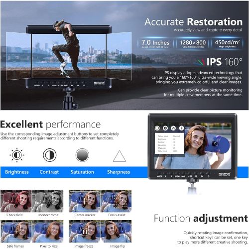 니워 Neewer F100 7 Inch Camera Field Monitor HD Video Assist Slim IPS 1280x800 4K HDMI Input 1080p with 2600mAh Li-ion Battery/USB Charger for DSLR Cameras, Handheld Stabilizer, Film Vi
