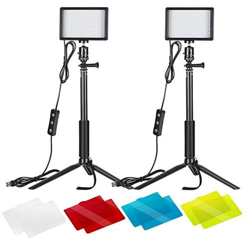 니워 Neewer 2-Pack Dimmable 5600K USB LED Video Light with Adjustable Tripod Stand and Color Filters for Tabletop/Low-Angle Shooting, Zoom/Video Conference Lighting/Game Streaming/YouTu