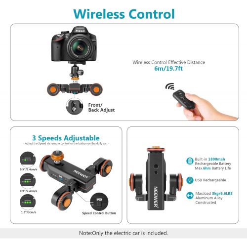 니워 Neewer 3-Wheels Wireless Video Camera Dolly, 3-Speed Motorized Electric Track Rail Slider Dolly Car with Remote Control, Compatible with DSLR Camera, Camcorder, Gopro, iPhone, and