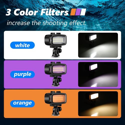 니워 Neewer Waterproof Up to 131ft/40m Underwater 20 LED 700LM Flash Dimmable Fill Night Light with 3 Color Filter(White, Orange, Purple) for GoPro Hero 10 9 8 7 6 5 4 3+ Action Camera