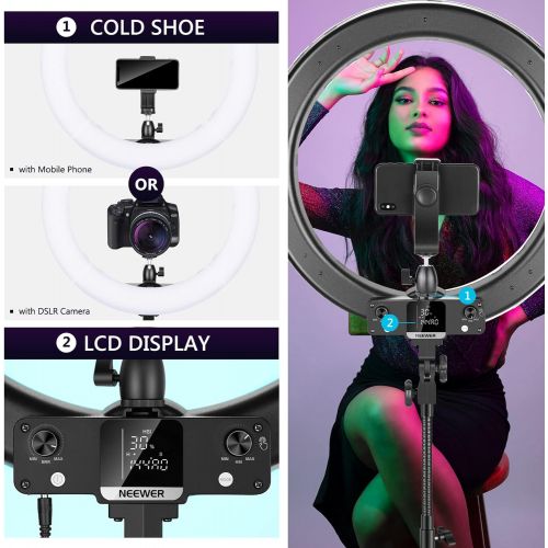 니워 Neewer 18” RGB Ring Light with Stand, 42W Dimmable LED Ring Light with Phone Holder/Bi-Color 3200K?5600K/97+ CRI/0?360° Full Color/9 Scene Effects for Selfie Makeup Zoom Calls YouT