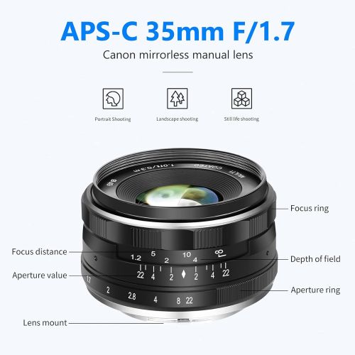 니워 [아마존베스트]Neewer 35mm F/1.7 APS-C Prime Manual Focus Lens Compatible with Canon EF-M EOS-M Mount Mirrorless Cameras EOS M M2 M3 M5 M6 M10 M50 M100 etc