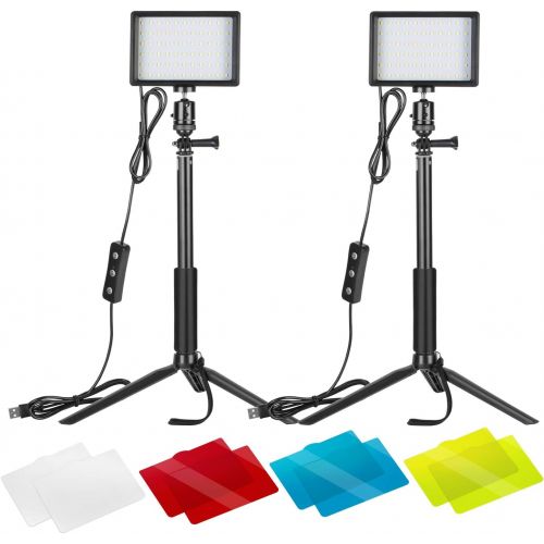 니워 [아마존베스트]Neewer 2 Packs Dimmable 5600K USB LED Video Light with Adjustable Tripod Stand/Color Filters for Tabletop/Low Angle Shooting, Colorful LED Lighting, Product Portrait YouTube Video