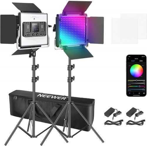 니워 [아마존베스트]Neewer 2 Packs 480 RGB Led Light with APP Control, Photography Video Lighting Kit with Stands and Bag, 480 SMD LEDs CRI95/3200K-5600K/Brightness 0-100%/0-360 Adjustable Colors/9 Ap