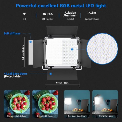 니워 [아마존베스트]Neewer 2 Packs 480 RGB Led Light with APP Control, Photography Video Lighting Kit with Stands and Bag, 480 SMD LEDs CRI95/3200K-5600K/Brightness 0-100%/0-360 Adjustable Colors/9 Ap