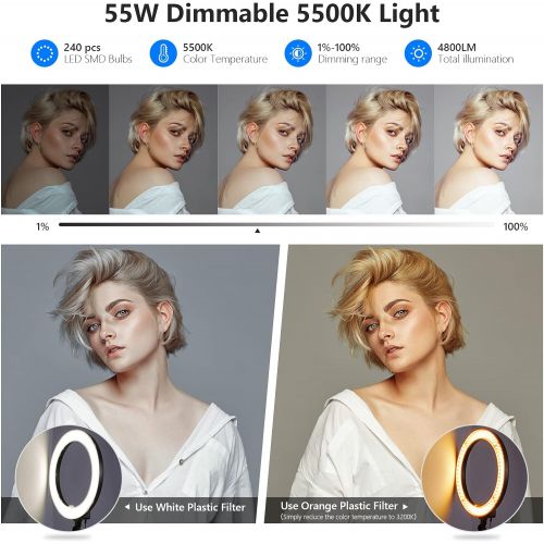 니워 [아마존베스트]Neewer Camera Photo/Video 18 inches/48 Centimeters Outer 55W 240 Pieces LED SMD Ring Light 5500K Dimmable Ring Video Light with Plastic Color Filter Set and Universal Adapter with