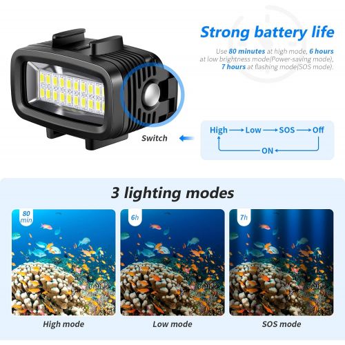 니워 [아마존베스트]Neewer Waterproof Up to 131ft/40m Underwater 20 LED 700LM Flash Dimmable Fill Night Light with 3 Color Filter(White, Orange, Purple) for GoPro Hero 7 6 5 4 3+ Action Camera and All