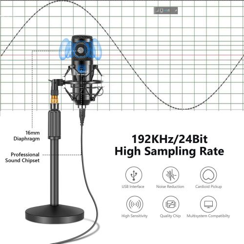 니워 [아마존베스트]Neewer USB Microphone with Stand Kit - 192KHz/24Bit Plug&Play Cardioid PC Condenser Mic with Round Base Mic Stand, Pop Filter and Shock Mount for Computer, YouTube/Gaming Recording