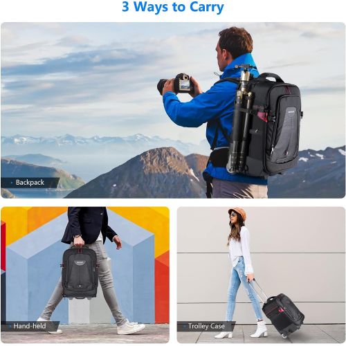 니워 Neewer 2-in-1 Rolling Camera Backpack Trolley Case - Anti-Shock Detachable Padded Compartment, Hidden Pull Bar, Durable, Waterproof for Camera,Tripod,Flash Light,Lens,Laptop for Ai