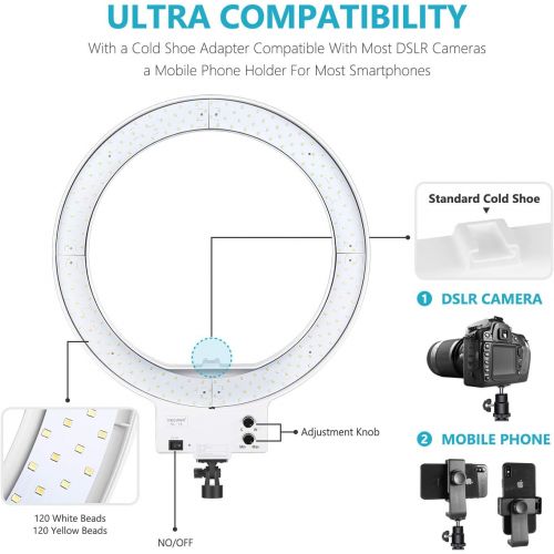 니워 Neewer 18-inch White LED Ring Light with Light Stand Lighting Kit Dimmable 50W 3200-5600K with Soft Filter, Hot Shoe Adapter, Cellphone Holder for Make-up Video Shooting (NO Carryi