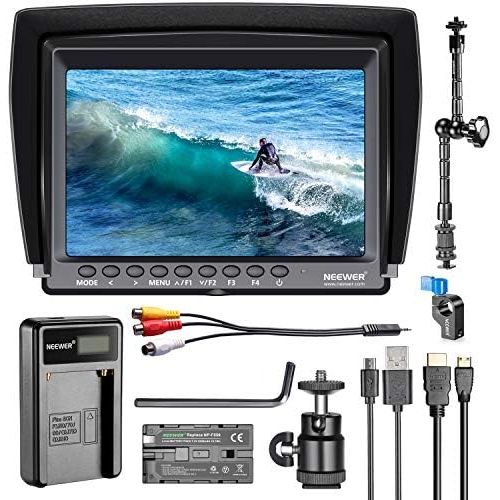 니워 Neewer F100 7-inch 1280x800 IPS Screen Camera Field Monitor Kit: Support 4k input with 2600mAh Rechargeable Li-ion Battery, USB Battery Charger and 11.8-inch Magic Arm for DSLR Cam