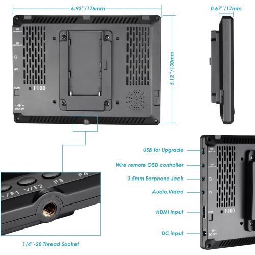 니워 Neewer F100 7-inch 1280x800 IPS Screen Camera Field Monitor Kit: Support 4k input with 2600mAh Rechargeable Li-ion Battery, USB Battery Charger and 11.8-inch Magic Arm for DSLR Cam