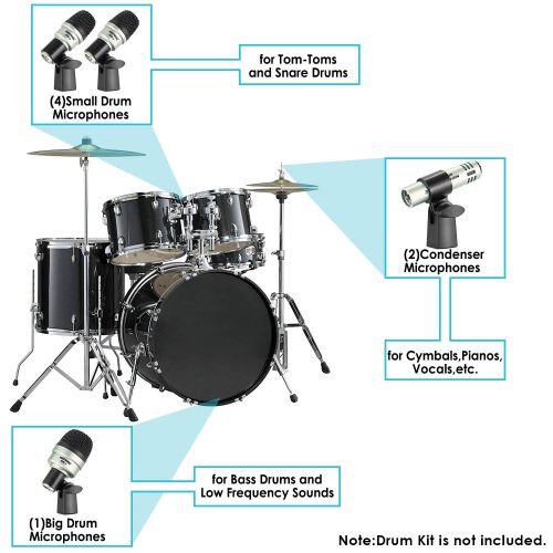 니워 Neewer 7 Pieces Wired Drum Instrument Microphone Kit - Bass DrumTabourCondenser Mic Set for Drums, Jazzy Drums, Vocal and Other Instrument with Thread Clip, Foam Windscreen and A