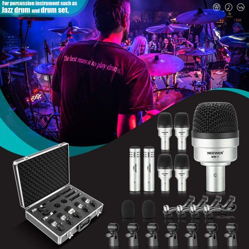 니워 Neewer 7 Pieces Wired Drum Instrument Microphone Kit - Bass DrumTabourCondenser Mic Set for Drums, Jazzy Drums, Vocal and Other Instrument with Thread Clip, Foam Windscreen and A