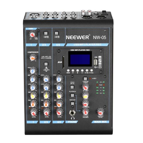 니워 Neewer Stereo Mixer 5 Channel Compact Mini Mixing Console Echo DSP Effects, LCD Display Screen, Built-in SD cardUSB48V Phantom Power Functions for Sound Recording, Music Editing