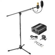 Neewer Condenser Microphone Kit: NW-800 Microphone (Gold),Microphone Floor Stand with Boom,48V Phantom Power Supply,Shock Mount, Pop Filter and USB Sound Card Adapter for Studio Vo