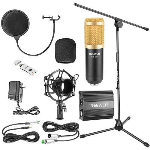 니워 Neewer Condenser Microphone Kit: NW-800 Microphone (Gold),Microphone Floor Stand with Boom,48V Phantom Power Supply,Shock Mount, Pop Filter and USB Sound Card Adapter for Studio Vo