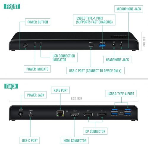  Nekteck USB Type C Docking Station, Supports Triple 4K HD Displays, 60W Power Delivery, 4K HDMI@30Hz, 4K DP@60Hz, 5 USB 3.0 Ports, Compatible with MackBook Pro 20162017 later & Sp