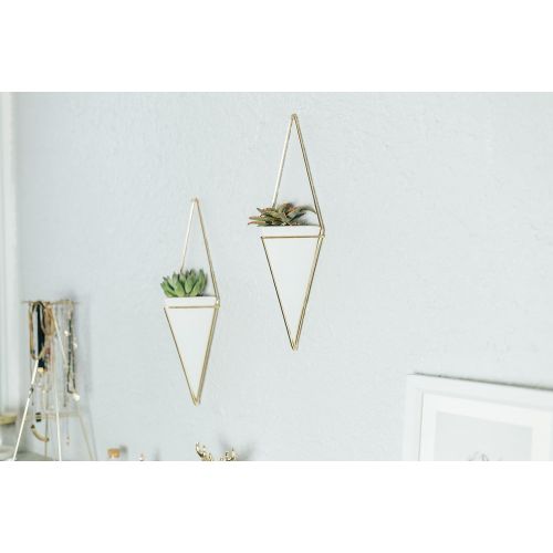  Nellam Ceramic Planter - Modern Geometric Hanging Wall Pot with Brass Frame - Large Mounted Decorative Vase & Container for Indoor Plants & Succulents - Potter for Flower, Herbs, V