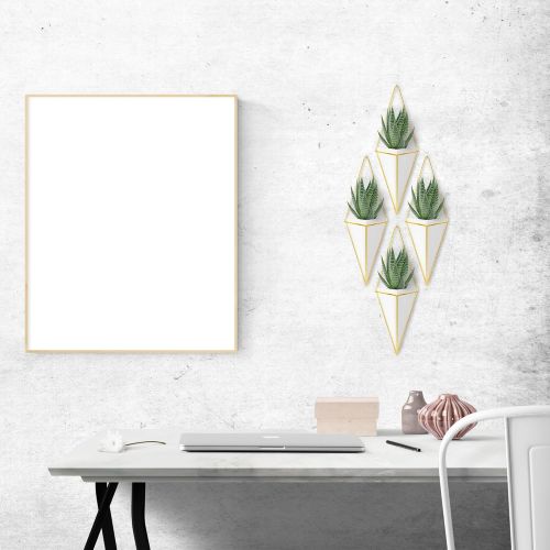  Nellam Ceramic Planter - Modern Geometric Hanging Wall Pot with Brass Frame - Large Mounted Decorative Vase & Container for Indoor Plants & Succulents - Potter for Flower, Herbs, V