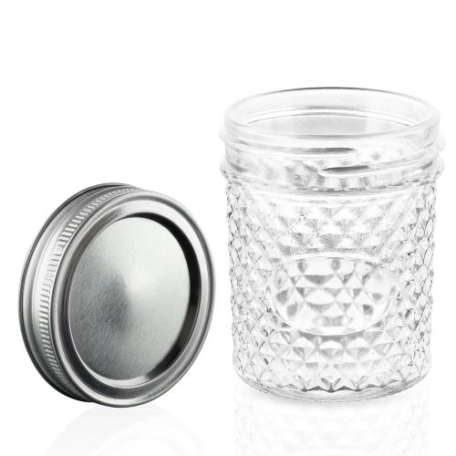  Nellam Quilted Glass Jars with Lids - 6 OZ Wide Mouth Crystal Jelly Glasses, Set of 24 Silver, for Canning, Preserving Food - each Mini Mason Jar is Freezer, Microwave, and Oven Pr