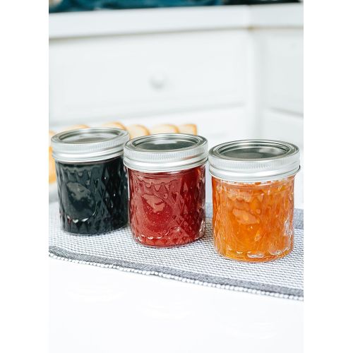  Nellam Quilted Glass Jars with Lids - 6 OZ Wide Mouth Crystal Jelly Glasses, Set of 24 Silver, for Canning, Preserving Food - each Mini Mason Jar is Freezer, Microwave, and Oven Pr