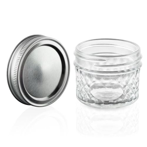  Nellam Quilted Glass Jars with Lids - 4 OZ Wide Mouth Crystal Jelly Glasses, Set of 24 Silver, for Canning, Preserving Food - each Mini Mason Jar is Freezer, Microwave, and Oven Pr