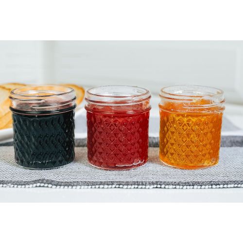  Nellam Quilted Glass Jars with Lids - 4 OZ Wide Mouth Crystal Jelly Glasses, Set of 24 Silver, for Canning, Preserving Food - each Mini Mason Jar is Freezer, Microwave, and Oven Pr