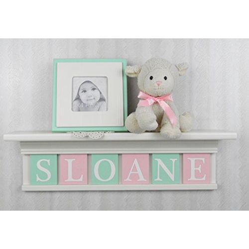  NelsonsGifts Personalized Baby Girl Nursery Decor White or (Off White) Shelf with Letter Wooden Tiles Painted Mint and Light Pink