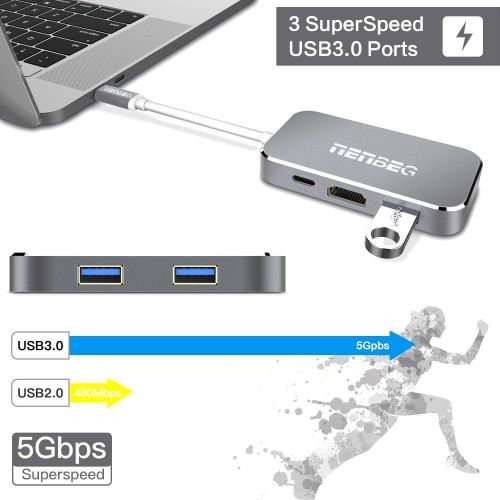  NenBeg NENBEG Aluminum USB C Dongle USB C Hub Thunderbolt 3 Adapter To 4K HDMI with USB C Charging Port,USB 3.0 for MacBook Pro 20162017 and Compatible.Plus 6 Foot Flexible HDMI Cable In