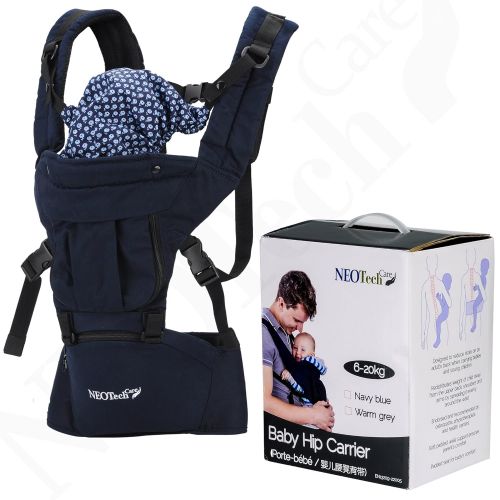  NeoTech Care Baby Carrier Hip Seat 100% Cotton - Pocket & Removable Hoodie/Head Support - Adjustable & Breathable - Neotech Care Brand - for Infant, Child, Toddler - Blue