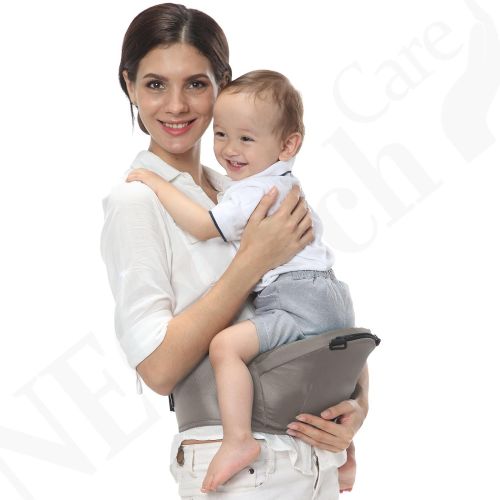  NeoTech Care Baby Carrier Hip Seat 100% Cotton - Pocket & Removable Hoodie/Head Support - Adjustable & Breathable - Neotech Care Brand - for Infant, Child, Toddler - Grey