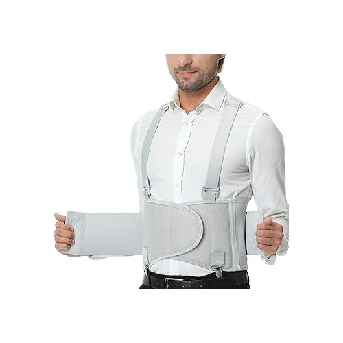  NeoTech Care Lumbar Brace with Removable Pants Clips & Detachable Suspenders - Back Support Belt - Adjustable, Light, Breathable - Shoulder Holsters - Work, Posture - Grey (Size S)