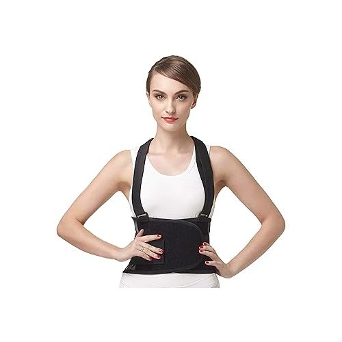  NeoTech Care Back Brace with Suspenders/Shoulder Straps - Light & Breathable - Lumbar Support Belt for Lower Back Pain - Posture, Work, Gym - Black Color (Size M)