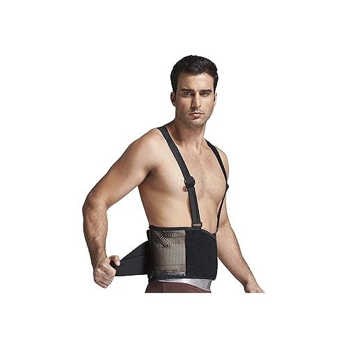  NeoTech Care Back Brace with Suspenders/Shoulder Straps - Light & Breathable - Lumbar Support Belt for Lower Back Pain - Posture, Work, Gym - Black Color (Size M)