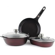 Neoflam MyPan 6-Piece Ceramic Non-Stick Cookware Set with Detachable Handle, Ruby Red, Glass Lids