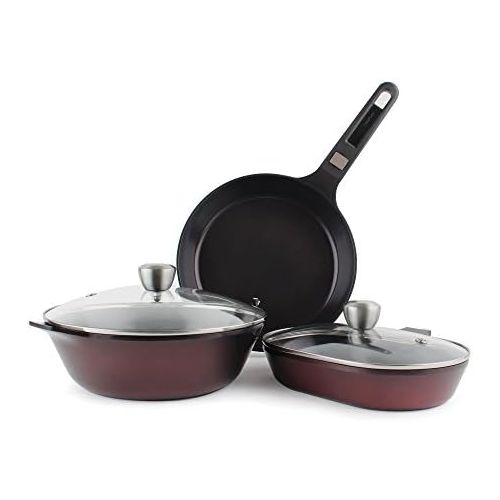  Neoflam MyPan 6-Piece Ceramic Non-Stick Cookware Set with Detachable Handle, Ruby Red, Glass Lids